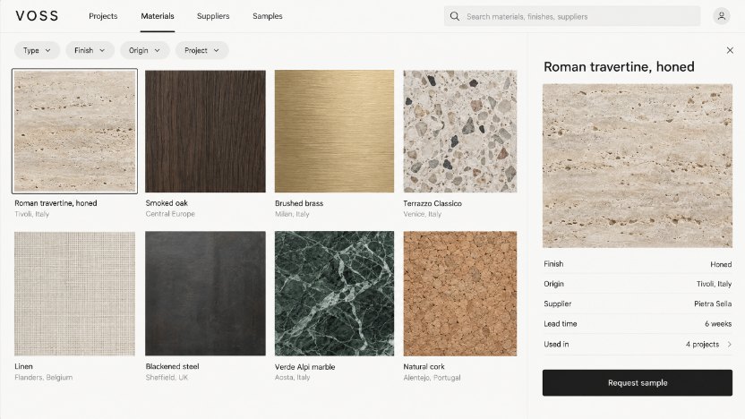 Voss’s materials library: a search, filters by type, finish, origin and project, a grid of material swatches, and one travertine’s finish, origin, supplier and lead time with a button to request a sample